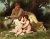 Bouguereau, William-Adolphe - Jeune femme contemplant deux enfants qui s'embrassent , Young woman contemplating two embracing children